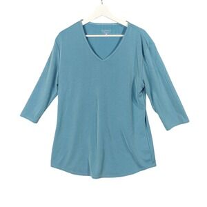 Segments Ribbed Knit V-Neck Top 3/4 Sleeve Tencel‎ Stretchy Blue Women Size XL